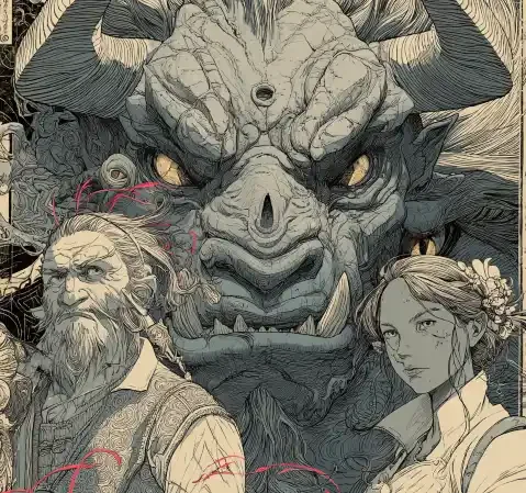 奇幻冒险专题封面：辽阔场景与神秘生物轮廓